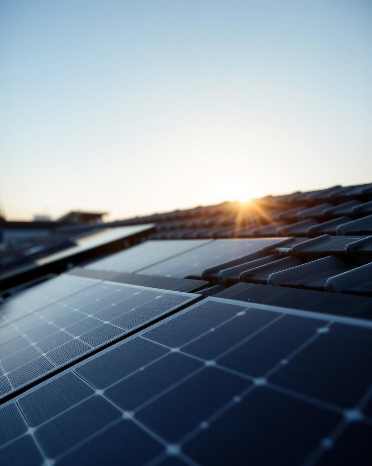 Nærbillede af sorte monokrystallinske solcellepaneler i lavt sollys